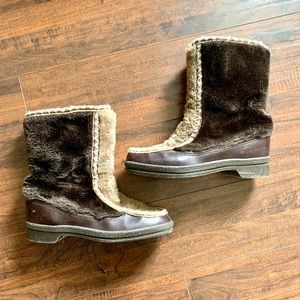 Snowland Brown and Tan Faux Fur Vintage Ski Boots SZ-6